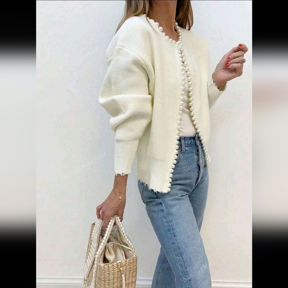 Solid Color Cardigan With Pearl Trimmed Distressed Hem, Long Sleeve Wool - Picture 2 of 5